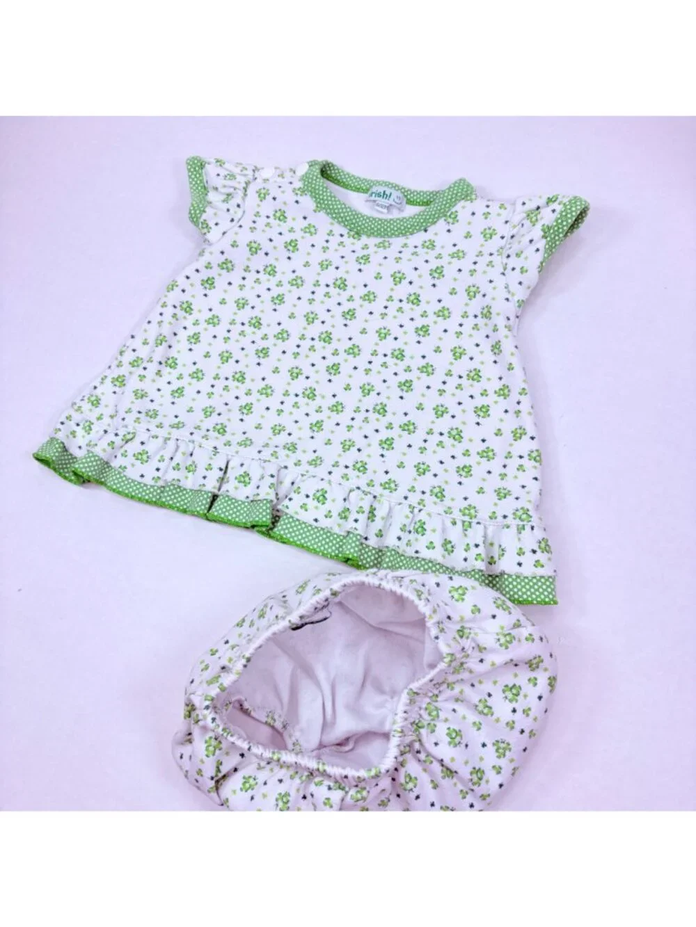 Vintage Girls 4 Leaf Clover St Patty's Day Dress + Bloomers Set Outfit 6m - 12m